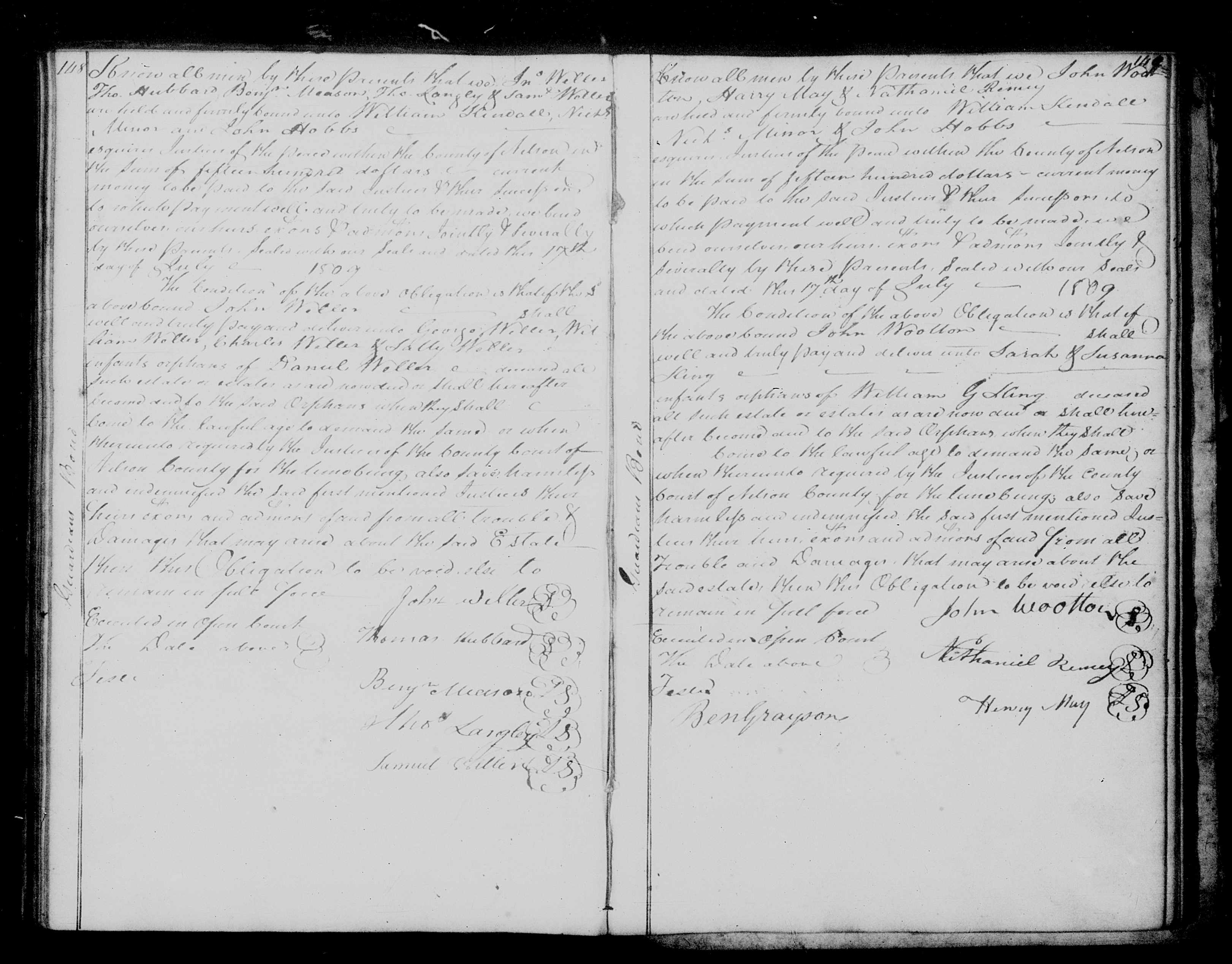 Facing pages of a Nelson County bond book with Benjamin Meason’s signature on the left page